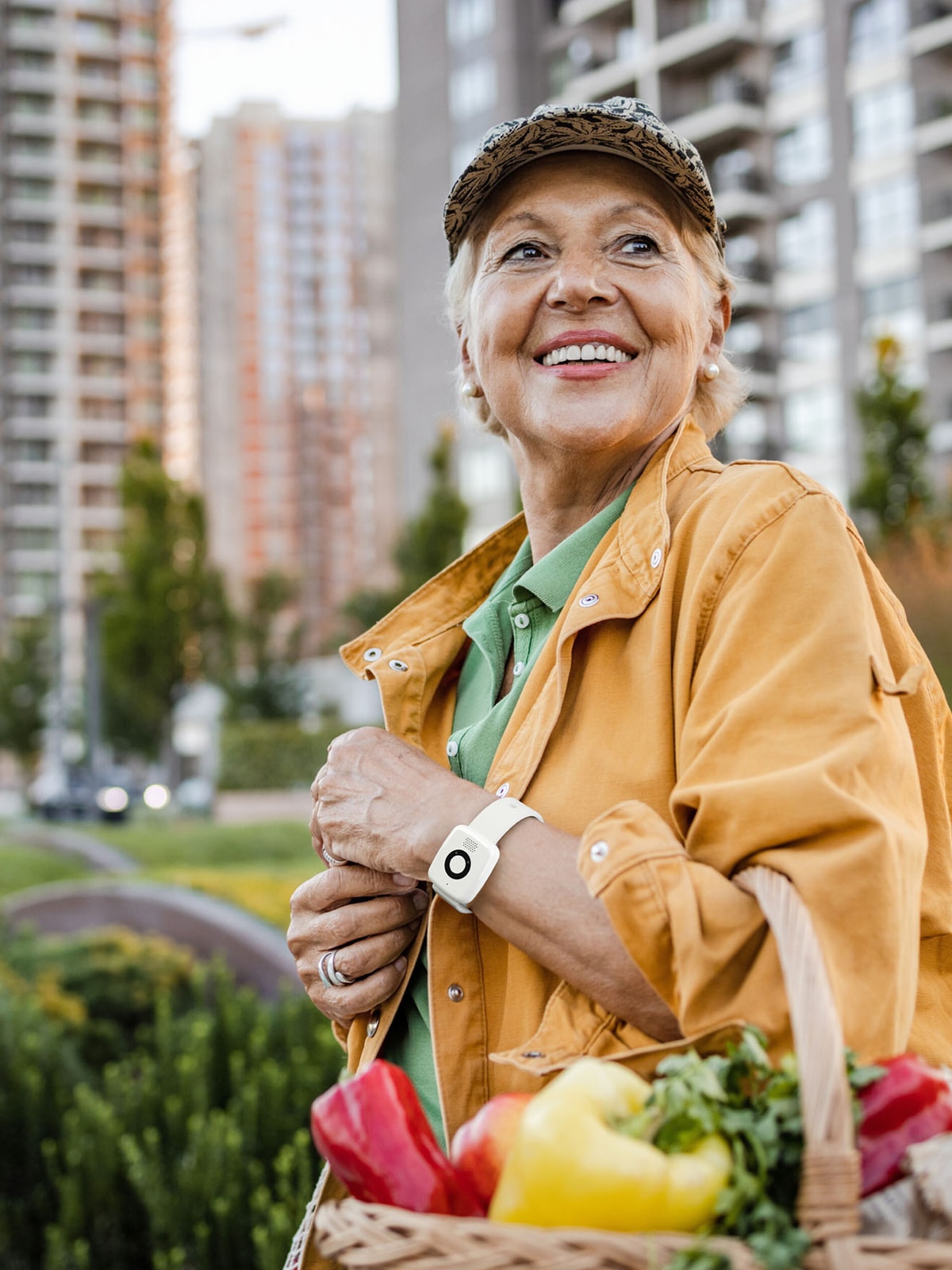 Woman at farmers marketing wearing Medical Alert Mini Mobile System
