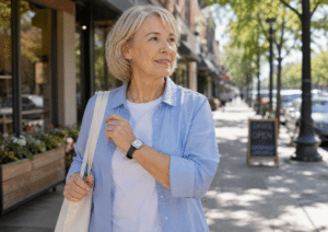 Active Senior Wearing a Medical Alert Device While Out in Town