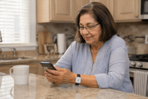 Older adult wearing a medical alert wrist button while using a smartphone at the kitchen counter.