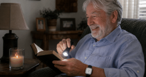 Older man using a medical alert system during a power outage