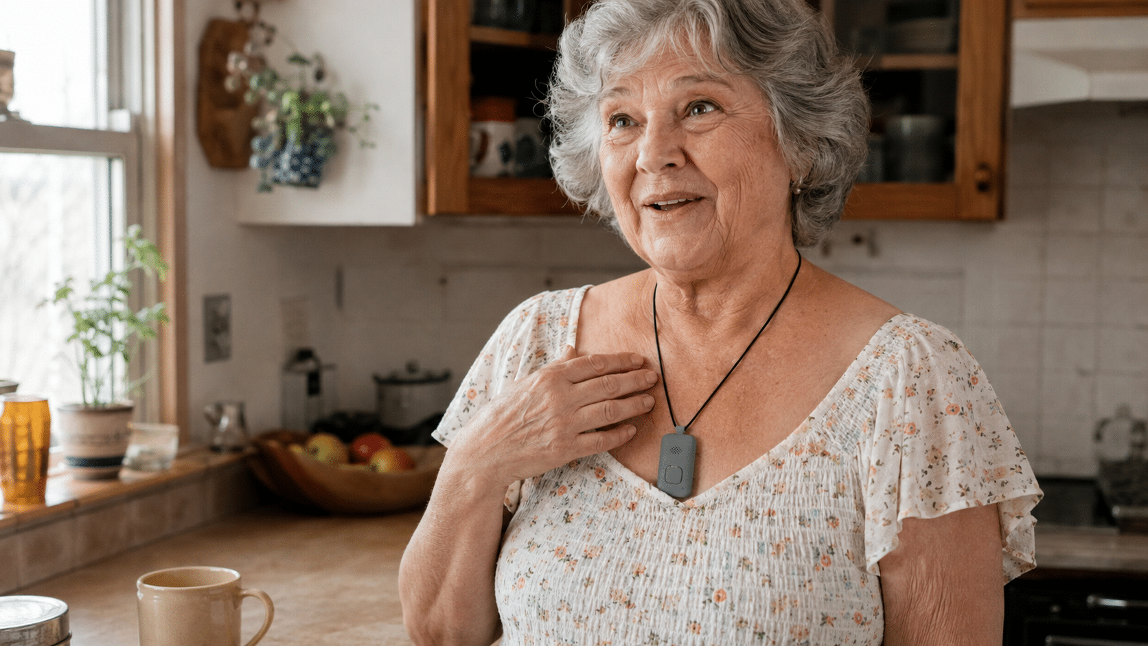 lder woman wearing a medical alert pendant in her kitchen.