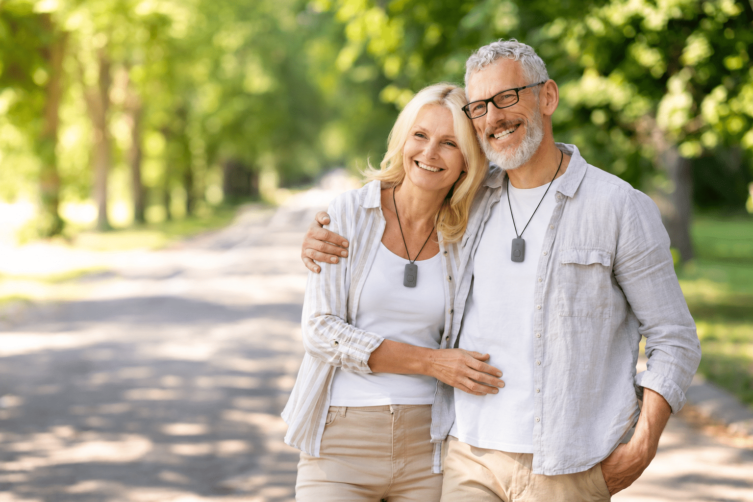 Smiling senior couple wearing GPS medical alert system pendants while enjoying a walk outdoors.